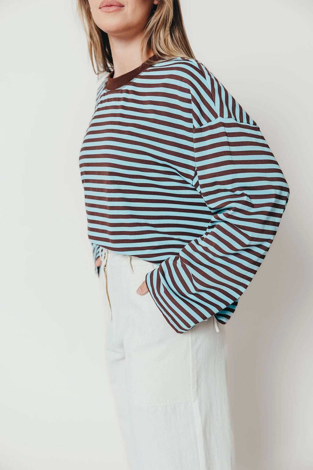 Sam Oversized Striped Basic Top in Light Blue/Brown Non Restrictive Fit Attractive Appearance
