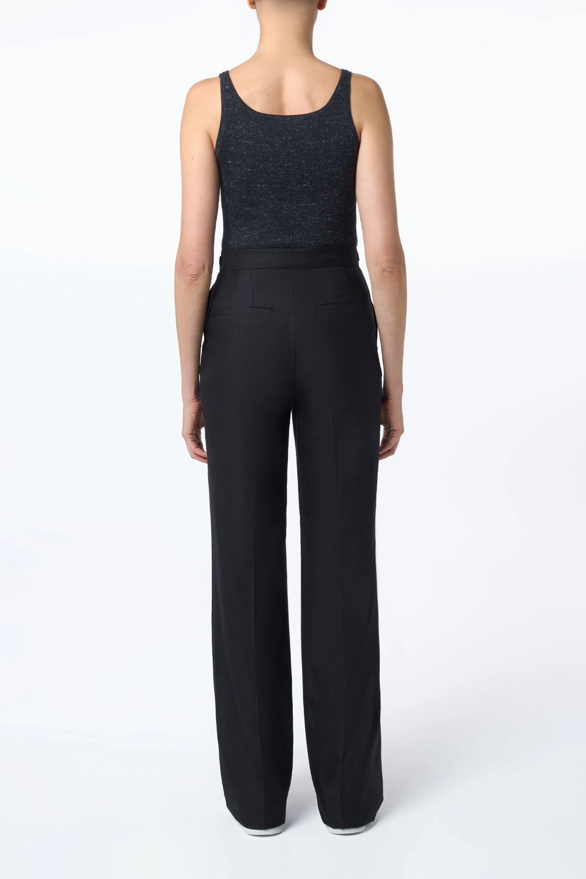 Chic Tailored Wear Vesta Flared Pant in Black Virgin Wool Silk with Linen