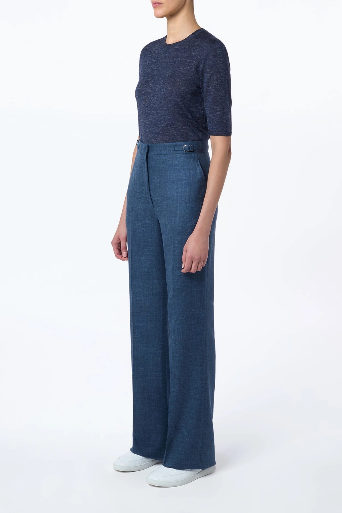 Vesta Flared Pant in Denim Virgin Wool Silk with Linen Business Casual Comfort