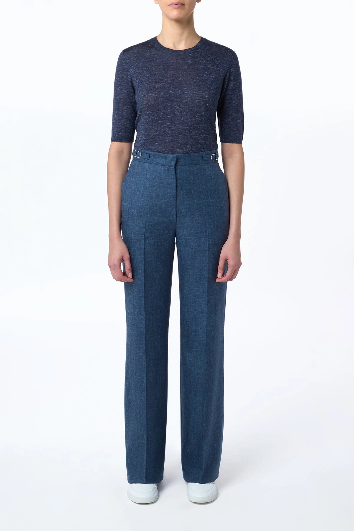 Vesta Flared Pant in Denim Virgin Wool Silk with Linen Sculpted Design