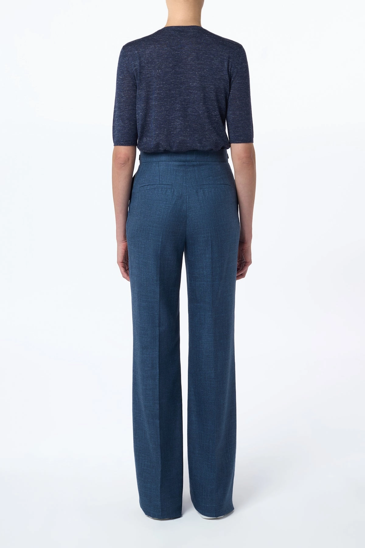 Smart Look Wear Convertible Cuff Mechanism Vesta Flared Pant in Denim Virgin Wool Silk with Linen