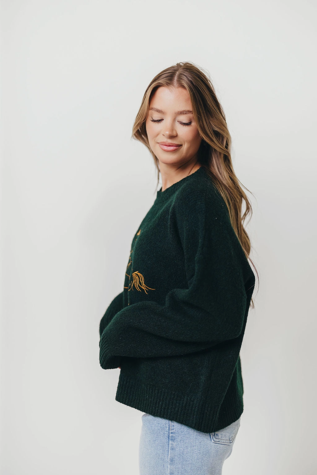 Virginia Embroidered Cowboy Knit Sweater in Deep Forest Breathable Construction