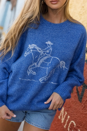 Fade Resistant Treatment OdorResistantTechnology Virginia Embroidered Cowboy Knit Sweater in Royal