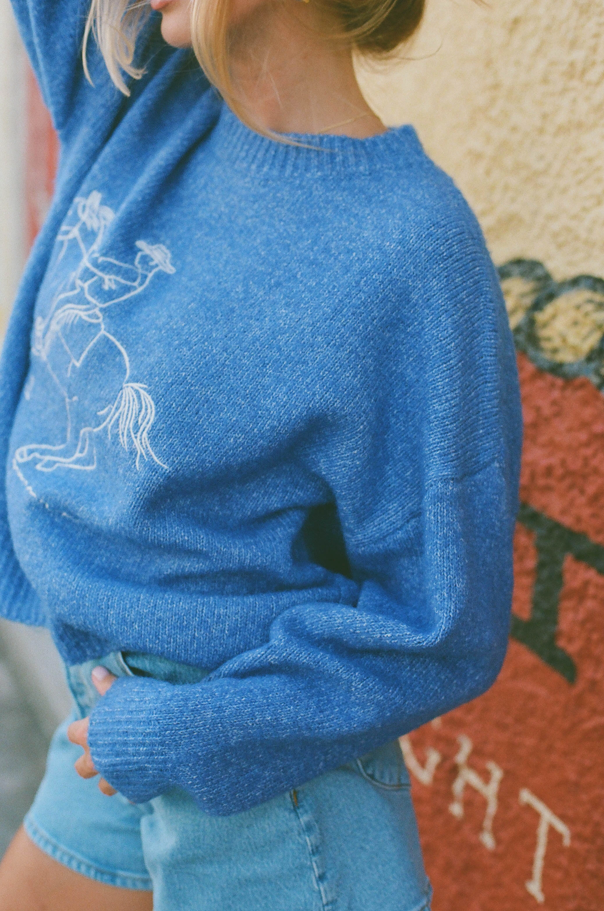 Virginia Embroidered Cowboy Knit Sweater in Royal TaglessComfort