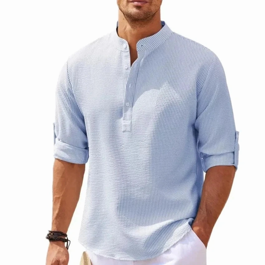 West Louis? Hot Linen Stand-Up Collar Casual Beach Shirt Ventilated Back Panel Cooling Mesh Lining