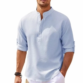 West Louis? Hot Linen Stand-Up Collar Casual Beach Shirt Versatile Look