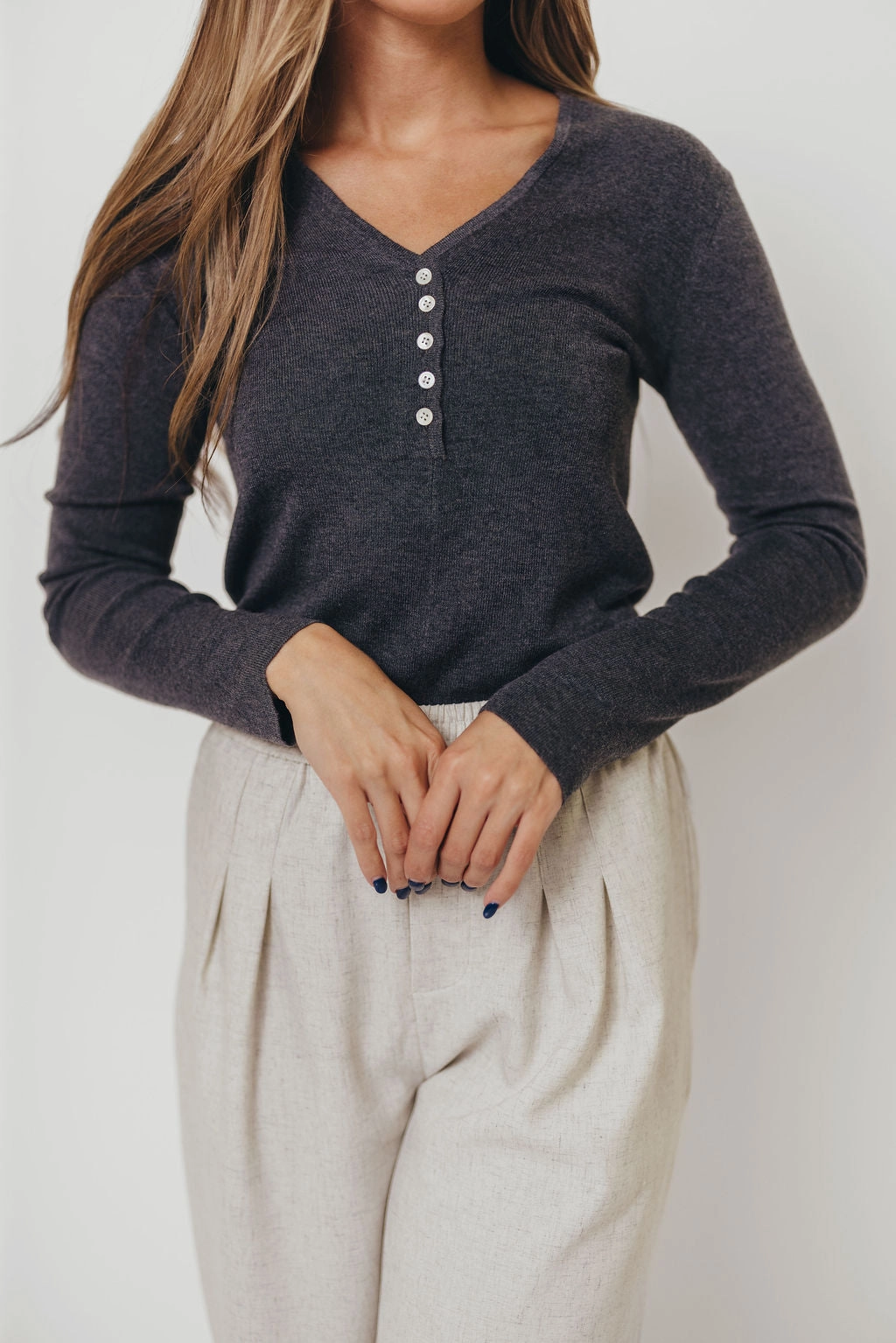 NonChafing Fabric Lightweight insulation Whittier V-Neck Button Closure Knit Top in Grey