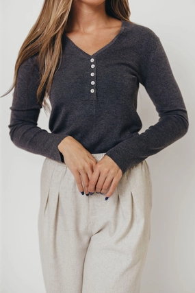 NonChafing Fabric Lightweight insulation Whittier V-Neck Button Closure Knit Top in Grey