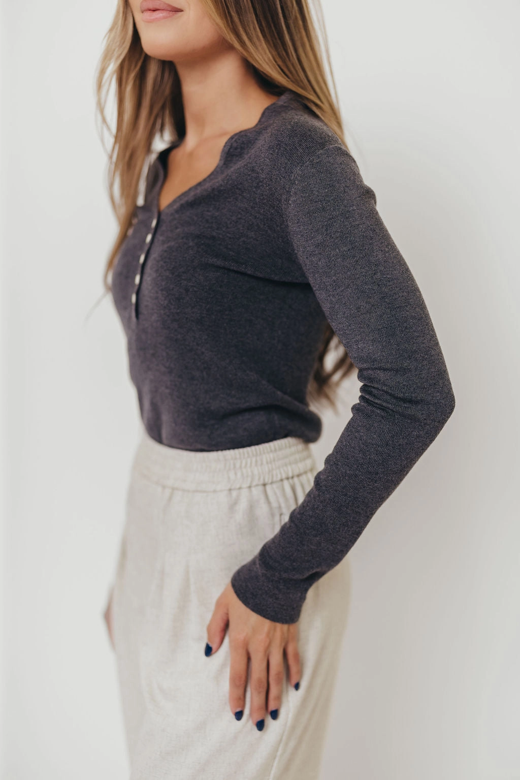 Whittier V-Neck Button Closure Knit Top in Grey UltravioletProtectionFabric AllDay Comfort Tech