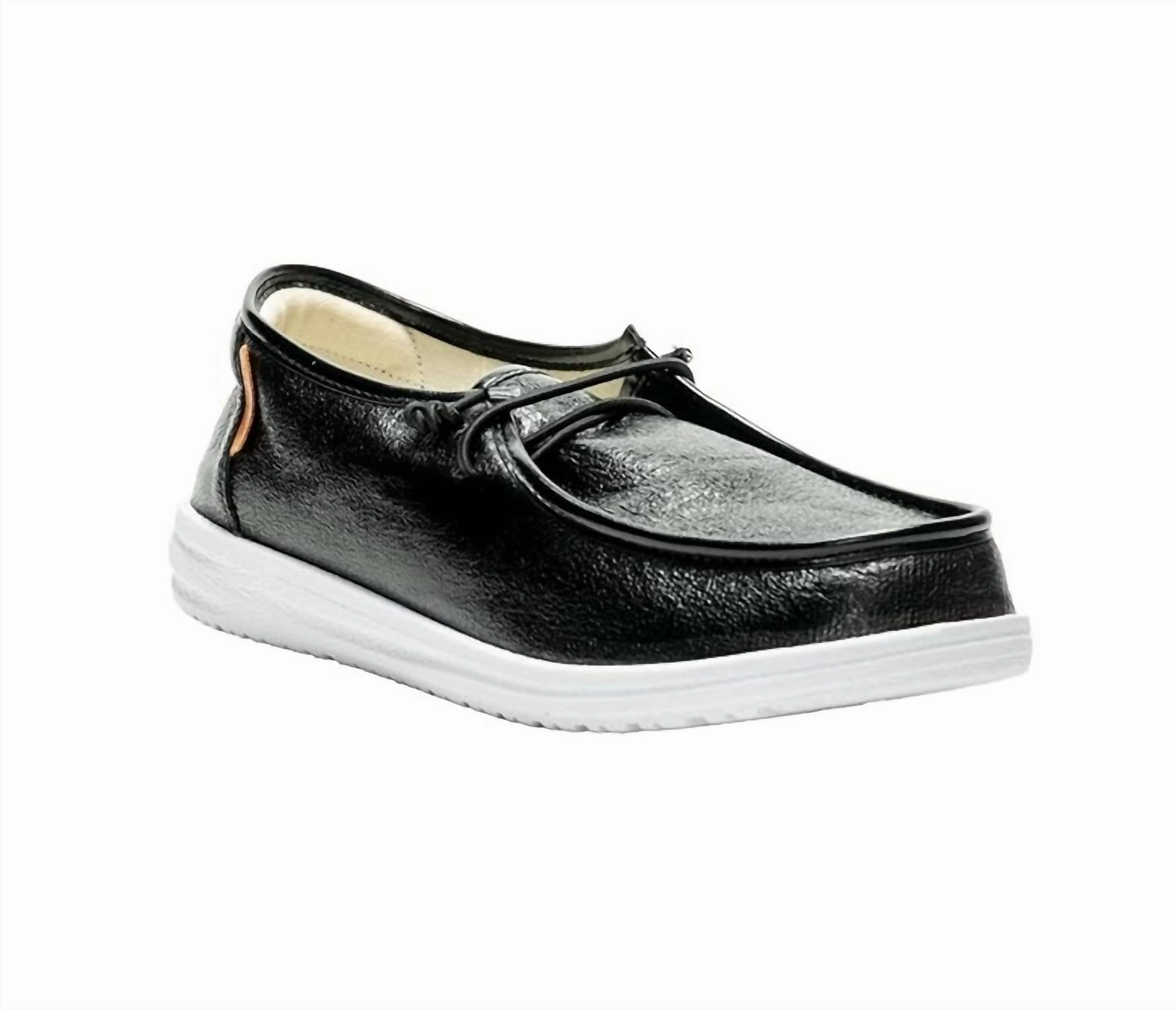 Women's Kayak Crinkle Metallic Slip-On Boat Shoes In Black Italian Craftsmanship