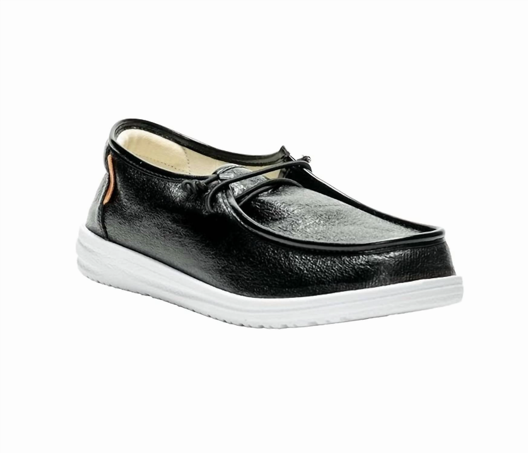 Women's Kayak Crinkle Metallic Slip-On Boat Shoes In Black Open   Toe