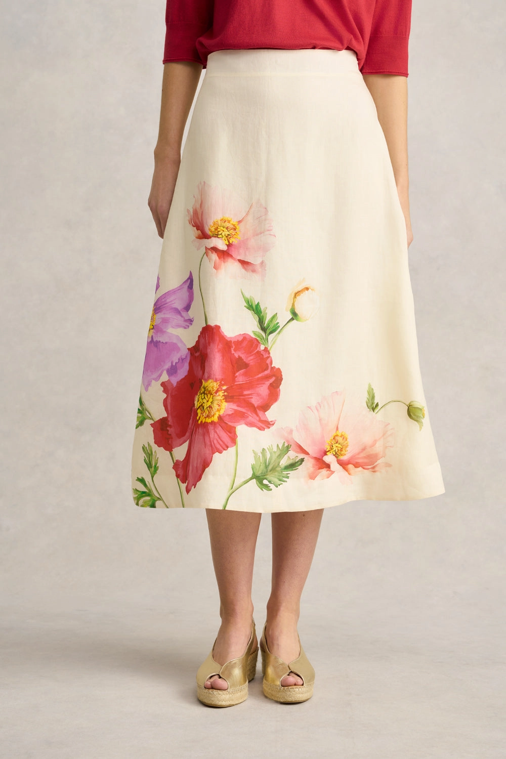 Ramie A-Line Skirt ?C Poppy Print Contrast Panel Contrast Stitching